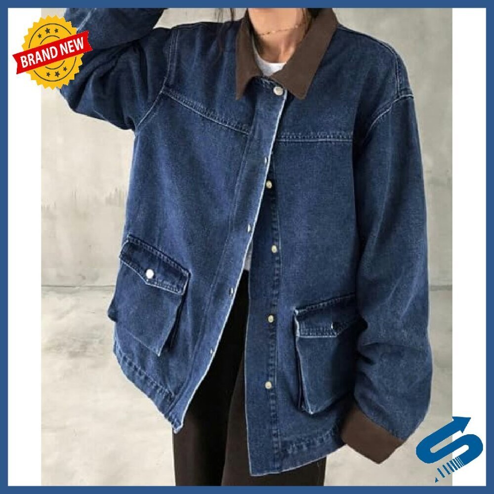 Oversized Denim Jacket Women Y2K Vintage Relaxed Fit Faux Leather Collar - Picture 5 of 8
